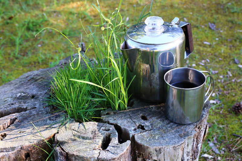 a coffee pot and a metal cup are placed on a tree trunk surrounded by greenery, in an outdoor environment.