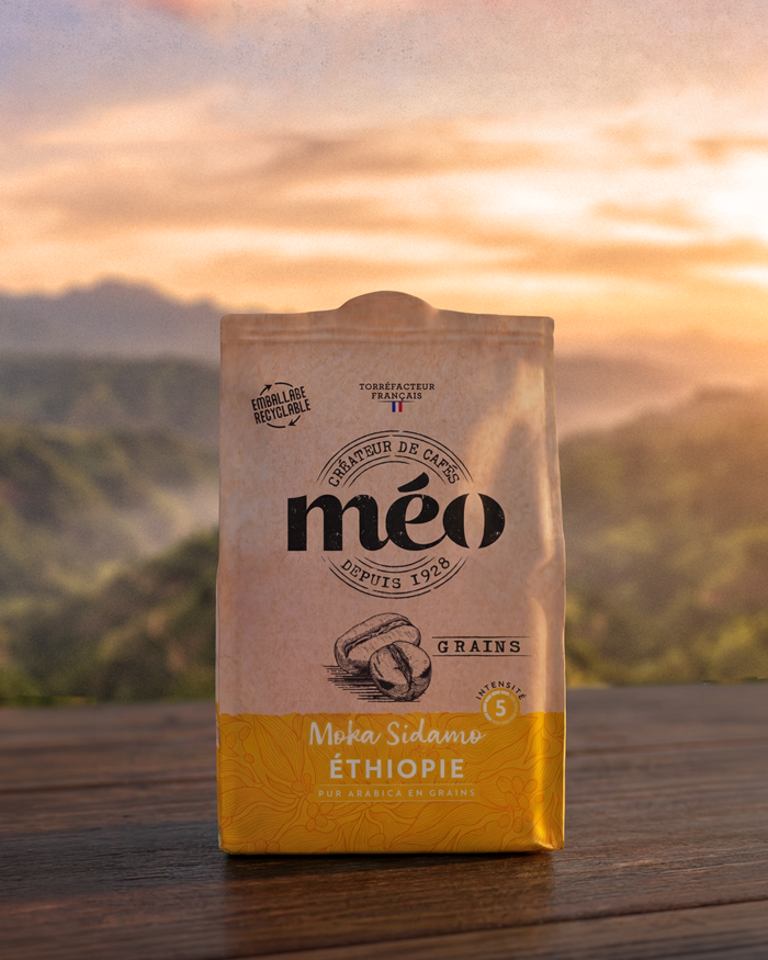 A bag of meo mocha sidamo coffee beans from Ethiopia is displayed outdoors with a blurred natural landscape in the background.