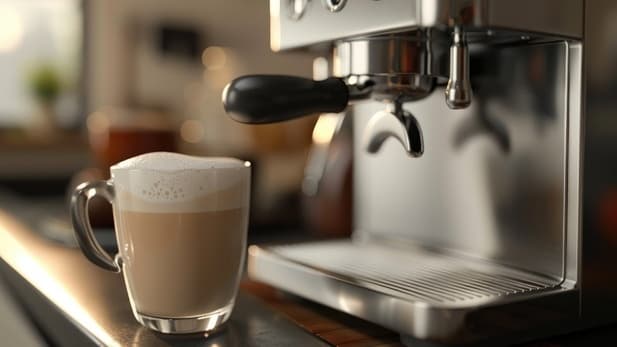 A glass mug filled with frothy coffee sits on a counter next to a stainless steel espresso machine.