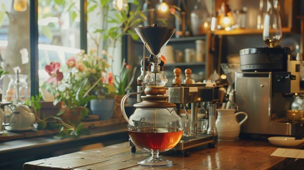 a siphon coffee maker on a wooden counter inside a cozy cafe, with various coffee equipment and potted plants in the background.