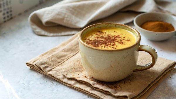 a beige ceramic cup filled with a yellow drink mixed with cinnamon sits on a folded brown napkin, with a bowl of powder and cloth in the background.