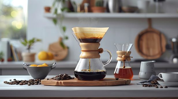 a glass coffee pot full of coffee sits on a wooden tray in a kitchen. coffee beans and kitchen utensils surround it. we see the steam rising from the coffee.